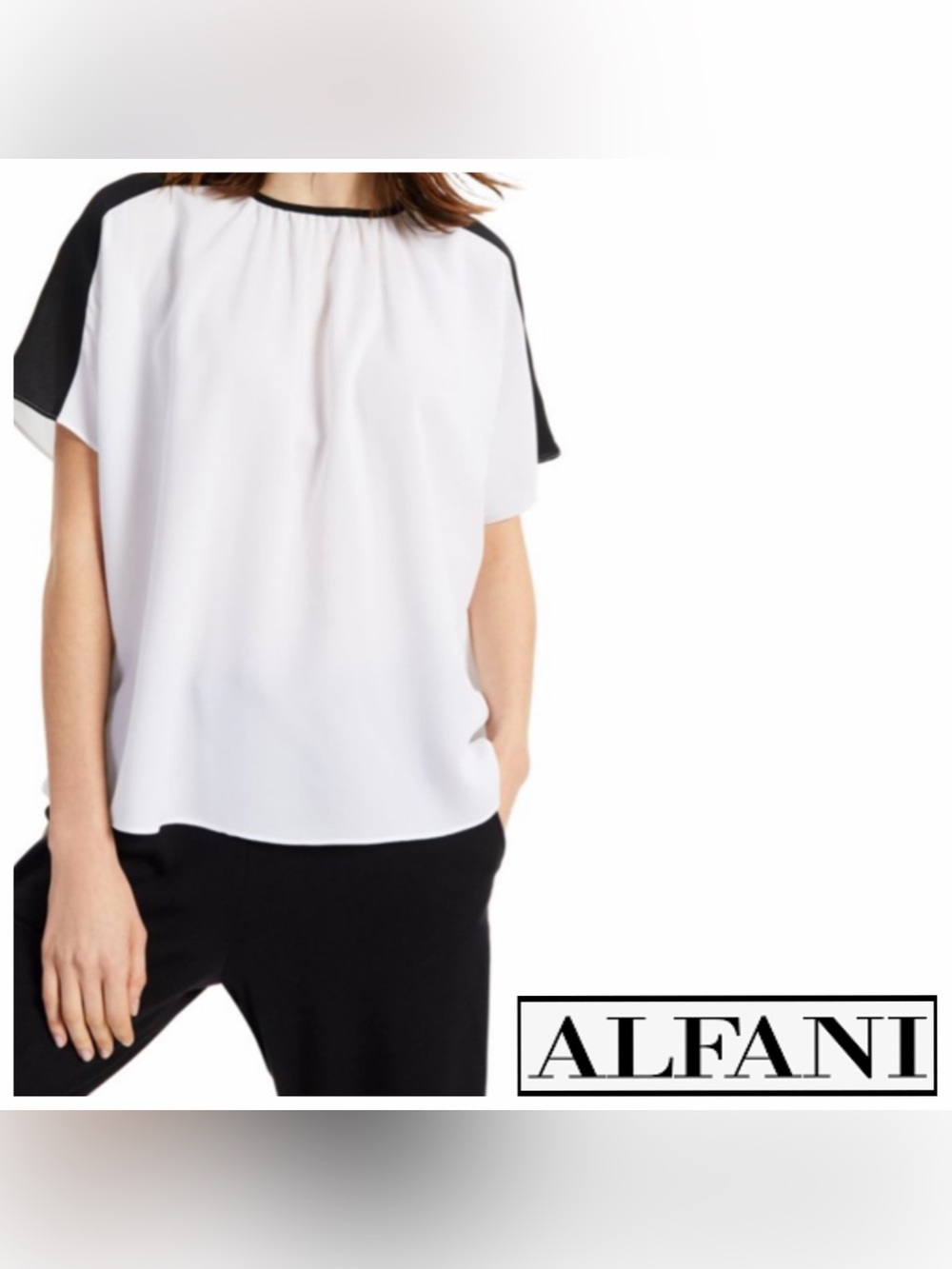 NWOT Alfani, White & Balck Color-Blocked Shoulder Short-Sleeve Blouse